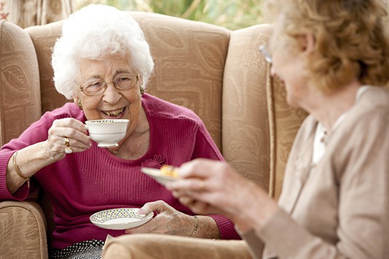 Elderly ladies spending afternoon tea together as the old friends enjoy each others company .